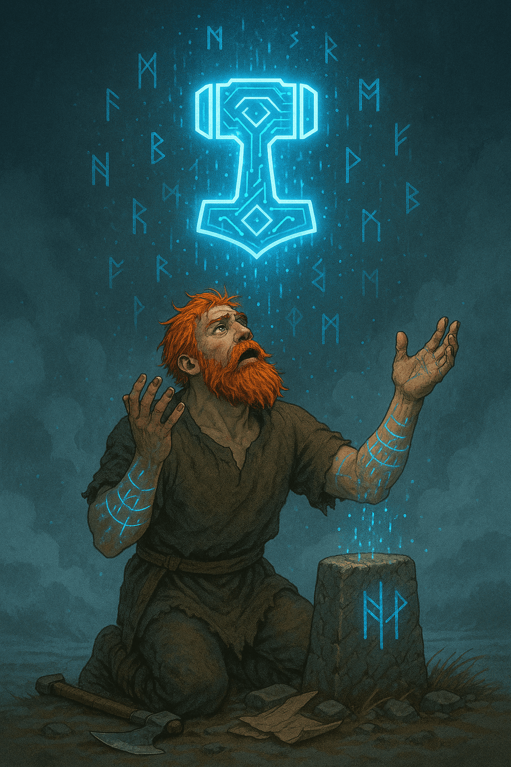 Man kneeling with glowing runes, reaching towards a luminous symbol in the sky.