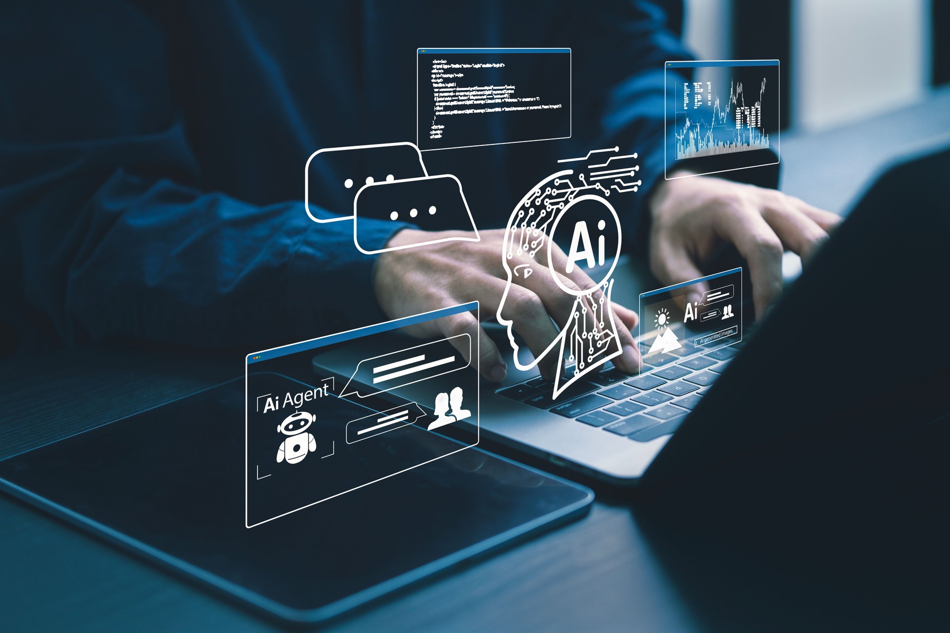 Humans are using laptops and computers to interact with AI, helping them create, code, train AI, or analyze big data with fast, cutting-edge technology.