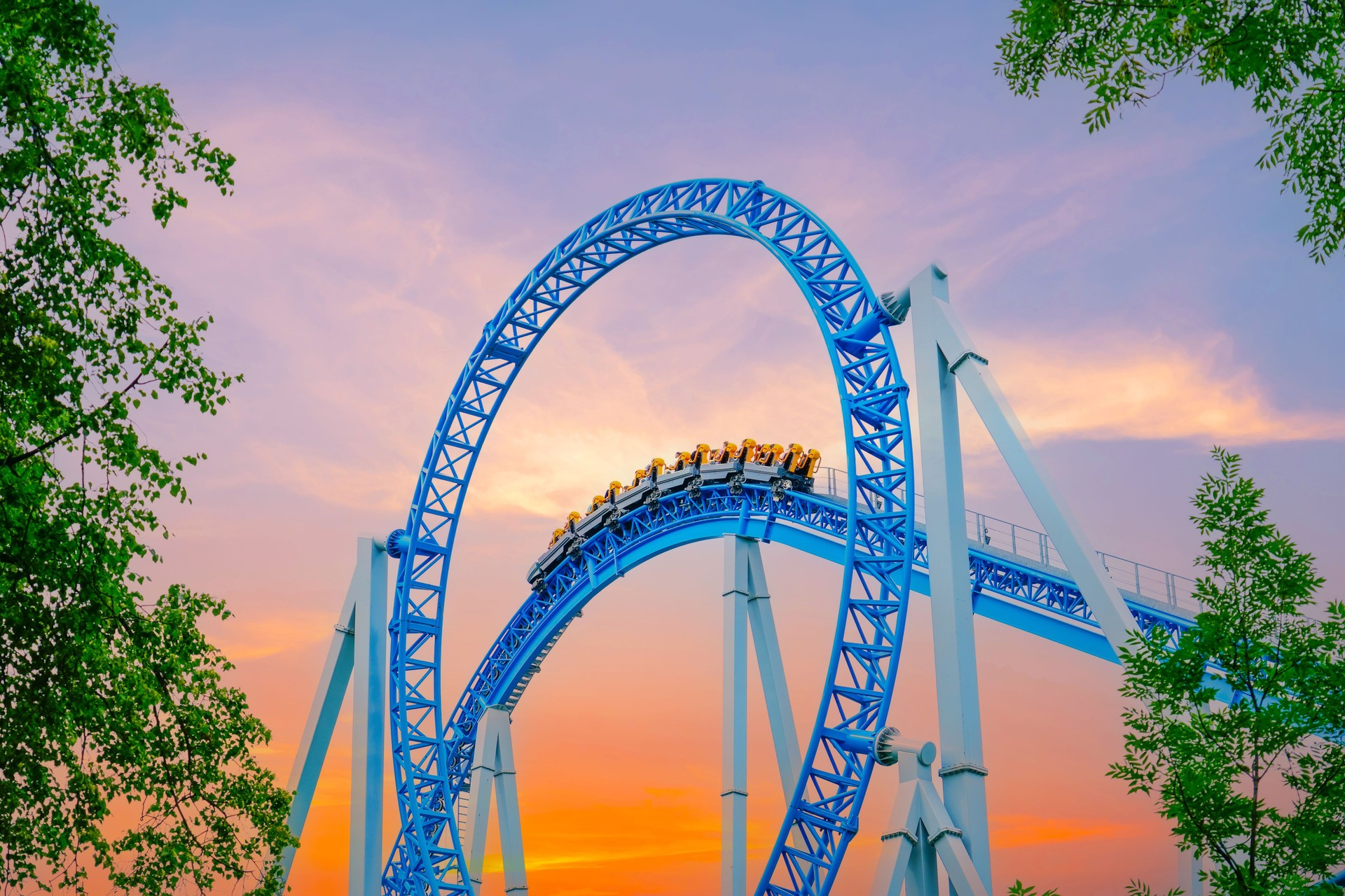 Roller coaster cart and people riding it goes through a loop upside down in green trees bushes city park sky sunset. Loop metal frame roller coaster in an amusement park